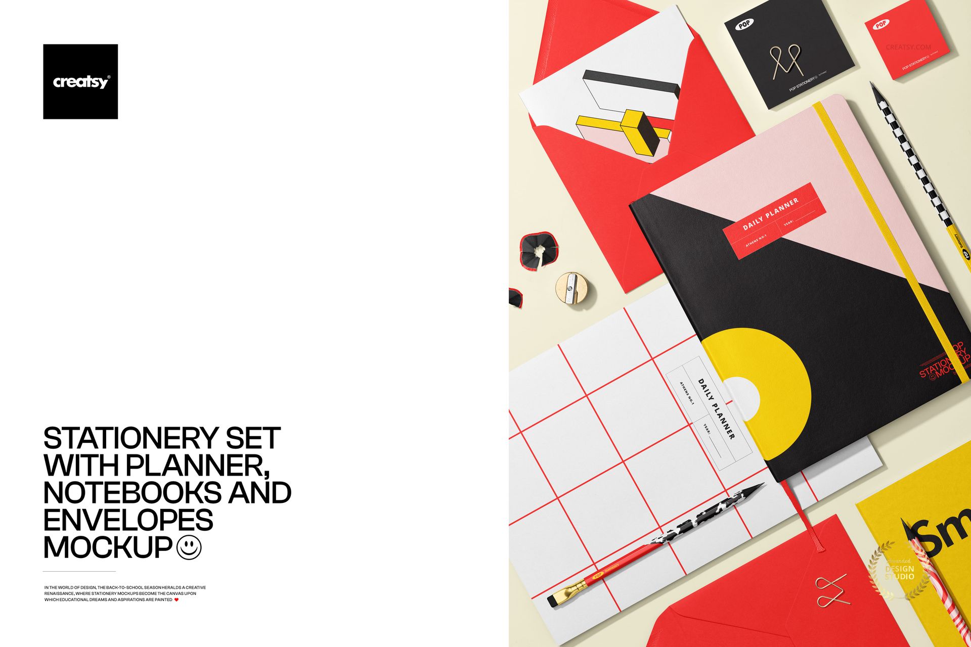 1款时尚笔记本即时贴铅笔贺卡信封办公文具vi贴图psd样机模板 Stationery Set with Planner, Notebooks and Envelopes Mockup by Creatsy