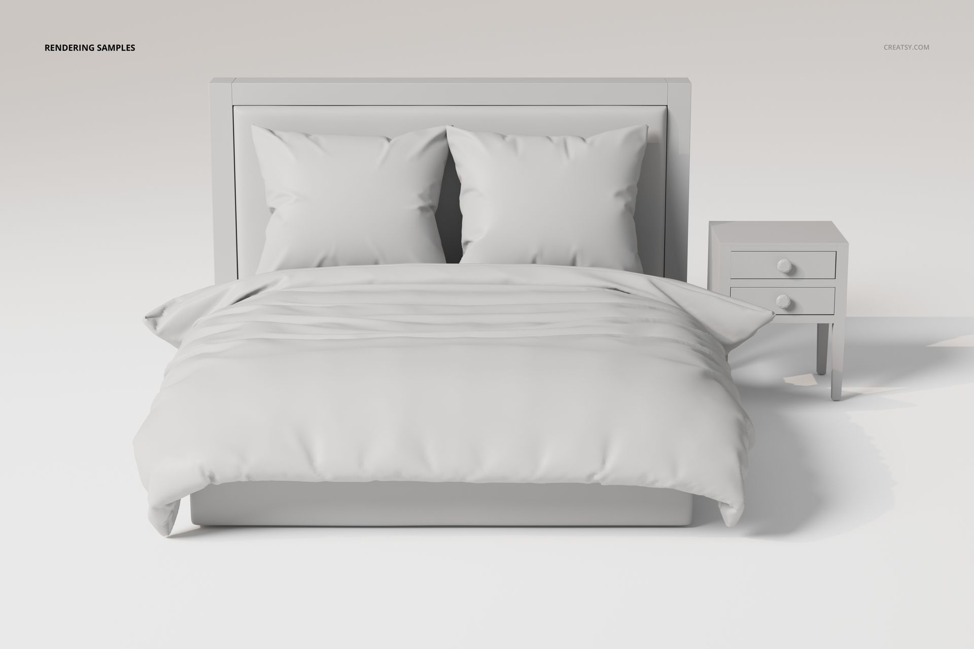 Front view of a continental bed with two large pillows and a matching nightstand, all in solid light gray tones.