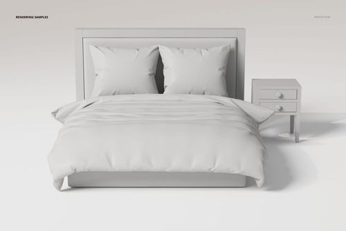 Front view of a continental bed with two large pillows and a matching nightstand, all in solid light gray tones.