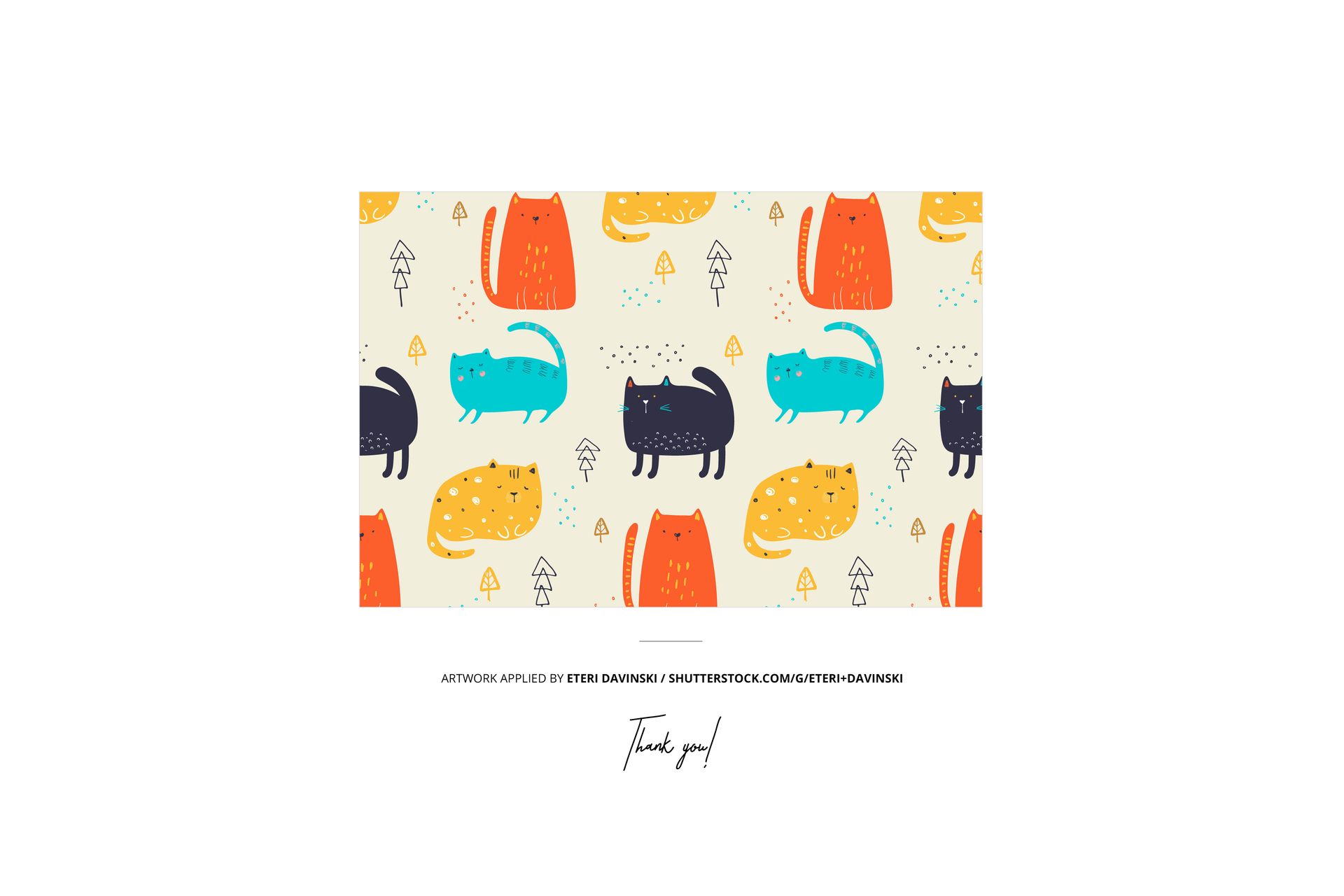 Rectangular mockup scene featuring a playful pattern of colorful cats and mushrooms on a light background, front view.