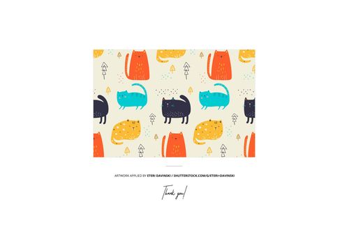 Rectangular mockup scene featuring a playful pattern of colorful cats and mushrooms on a light background, front view.