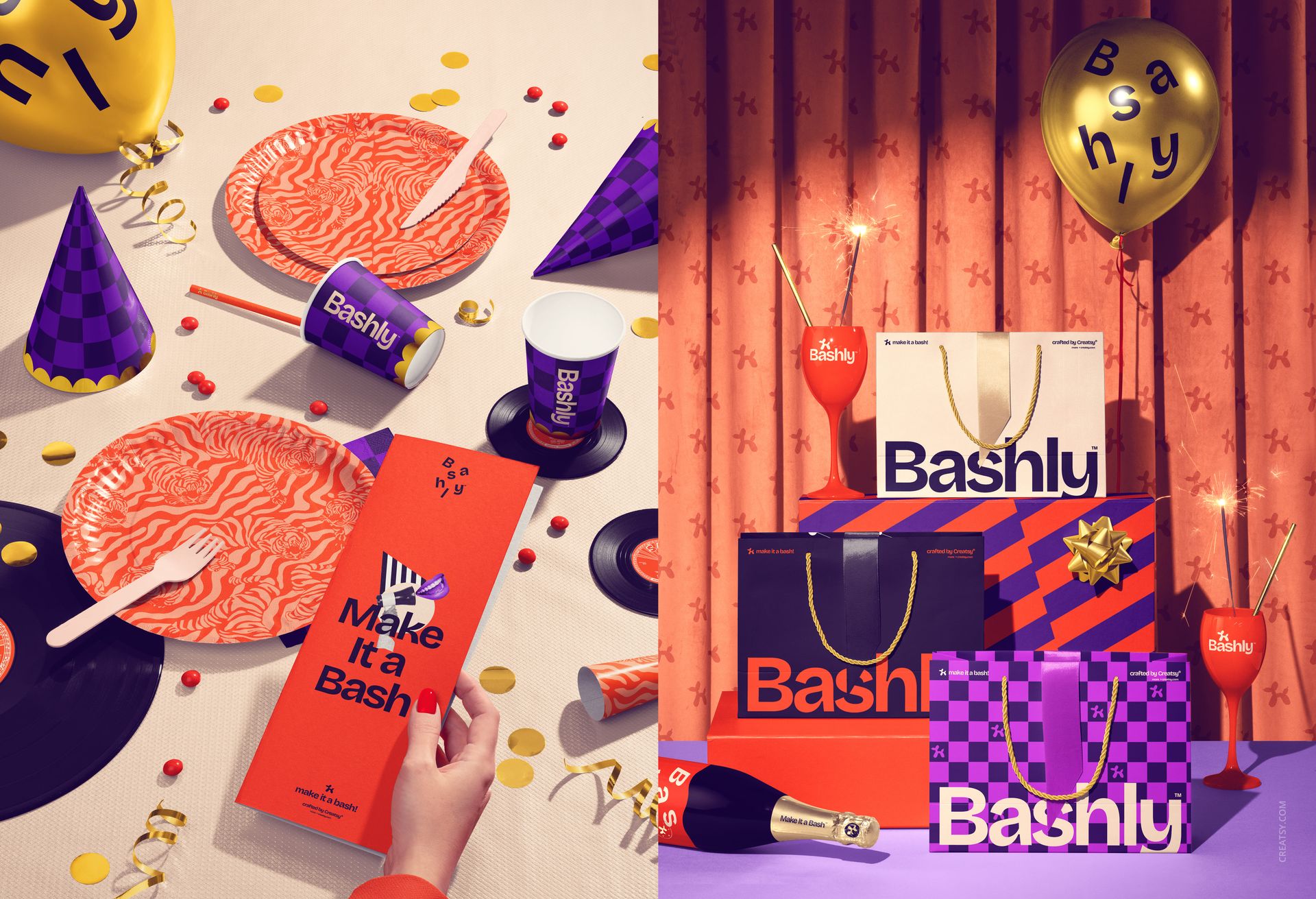 Tabletop party setup featuring Bashly mockup items such as gift bags, champagne bottle, cups, and decorative props.