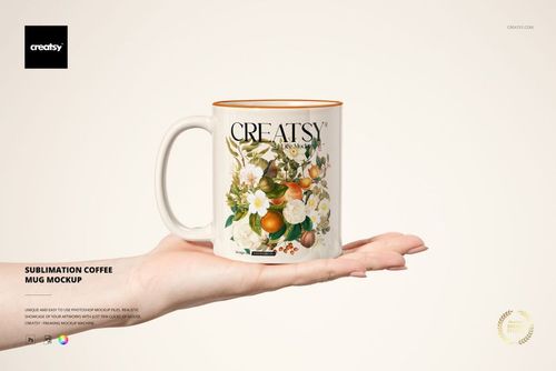 Front view of a sublimation coffee mug mockup with colorful botanical artwork, displayed on an open palm.