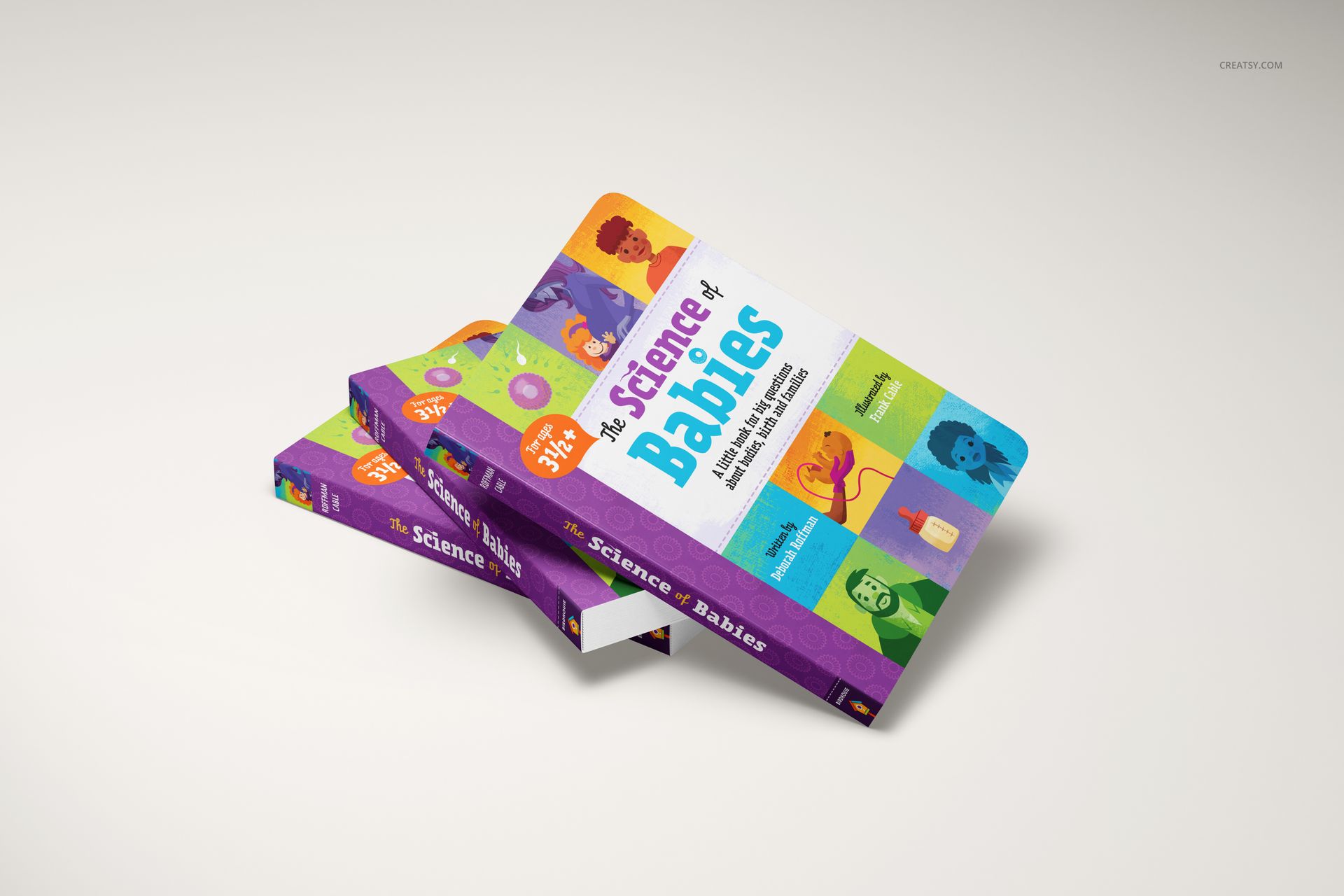 Front view of two board books with vibrant multicolored covers, stacked on a neutral background, showing mockup design.