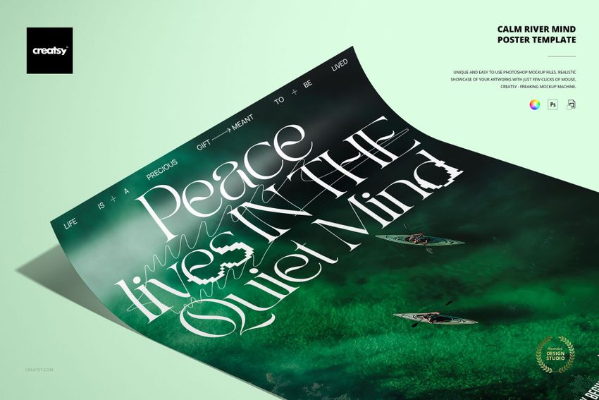 Poster mockup with a tranquil river background, white typography, and two kayaks visible from above.