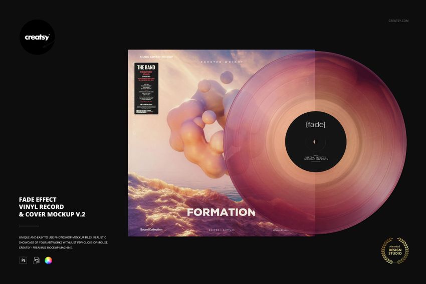 Front view of a vinyl record and cover mockup with a fade effect, featuring abstract 3D shapes and soft pastel colors.