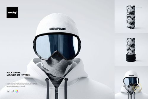 Neck gaiter mockup set featuring two types of face coverings in black and white patterns, shown on a model and as standalone items.