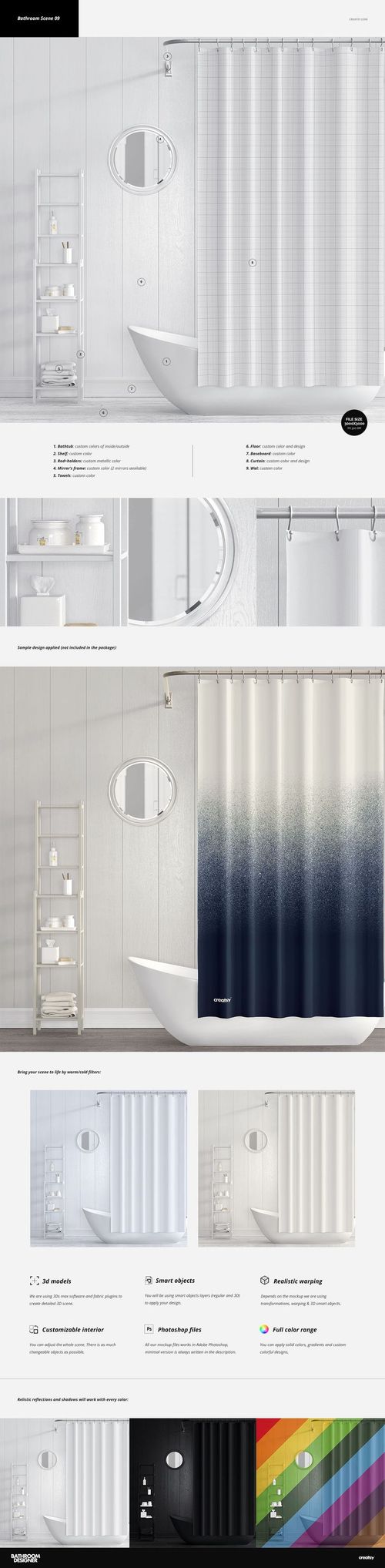 Bathroom mockup featuring a white or gradient shower curtain, bathtub, shelving unit, and circular wall mirror.