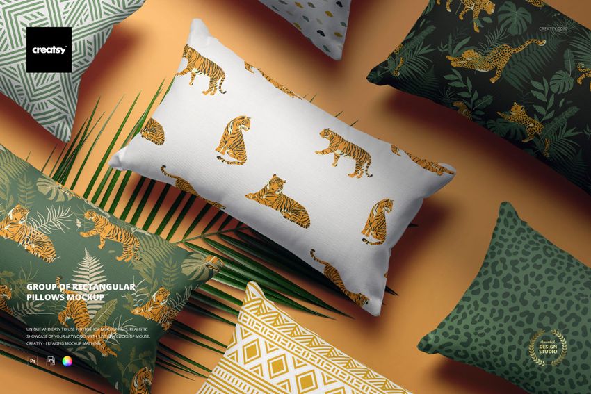 Rectangular pillows mockup featuring animal print designs, including tigers and leopards, displayed on an orange background.