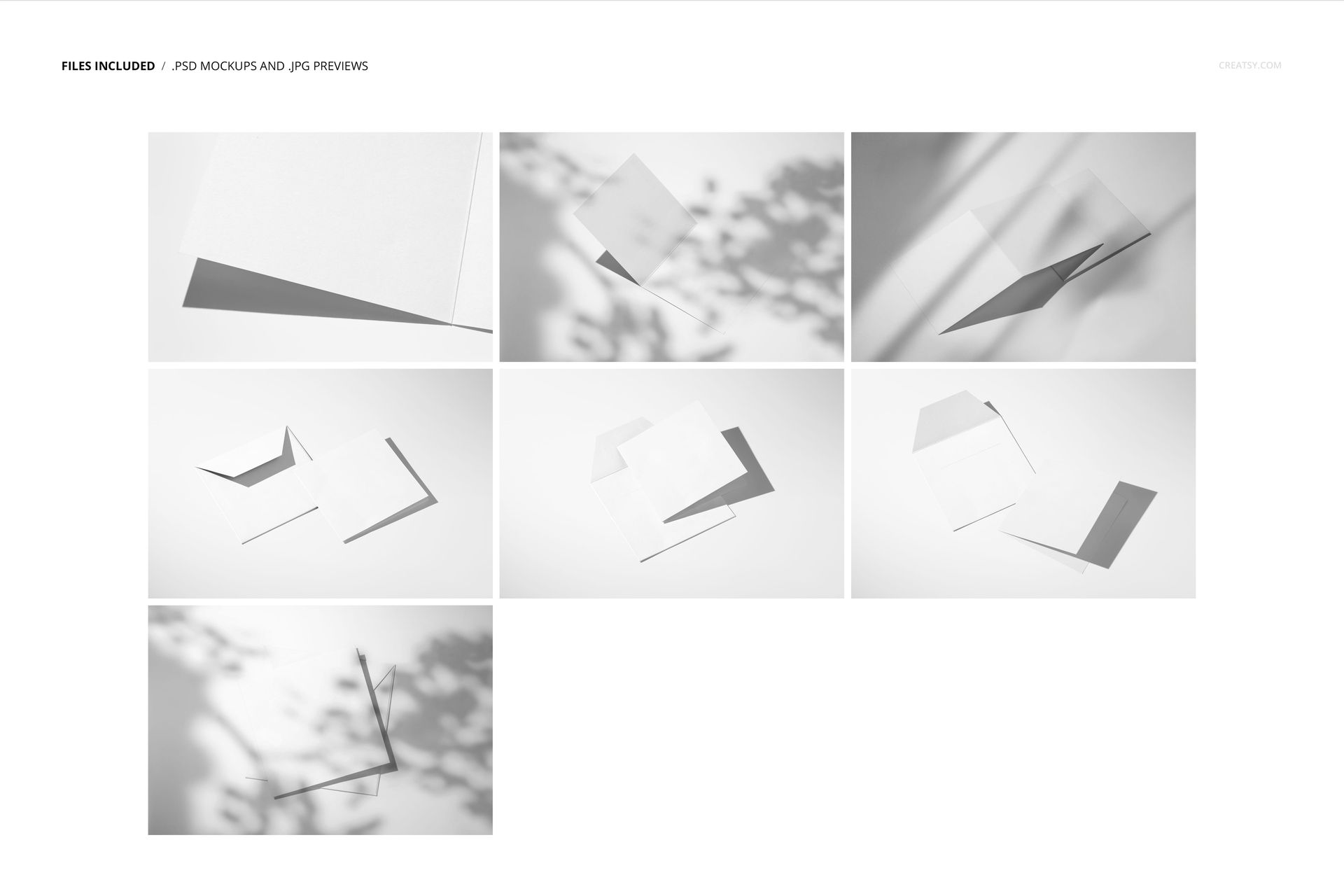 Square greeting card mockup set showing seven stationery designs on white backgrounds with soft shadows and envelopes.