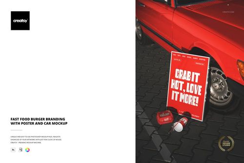 Front view of a red car parked on dark pavement next to a red burger branding poster, burger box, and drink cup mockup.
