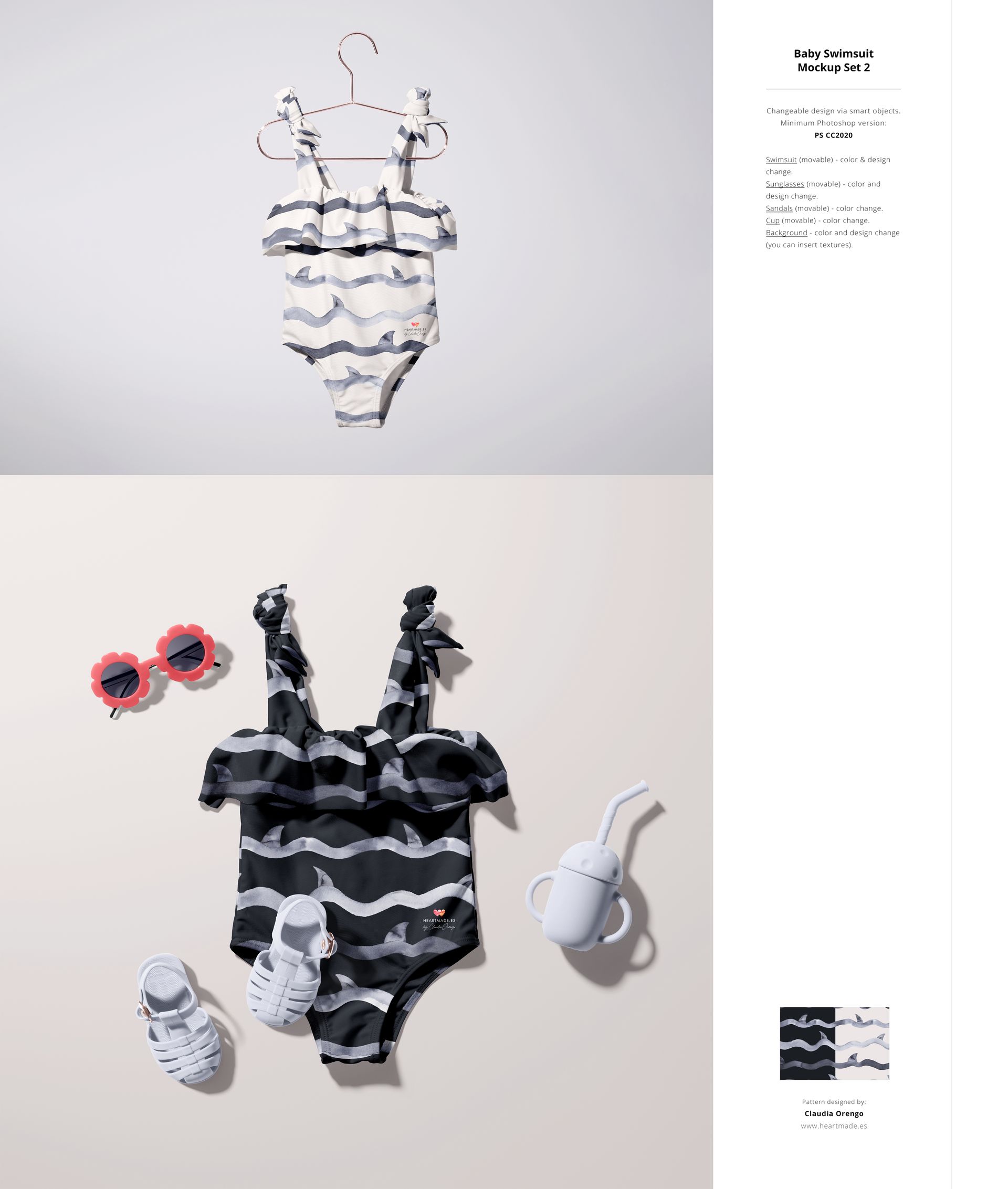 Baby swimsuit mockup featuring a wavy monochrome design, paired with white sandals, pink sunglasses, and a watering can.