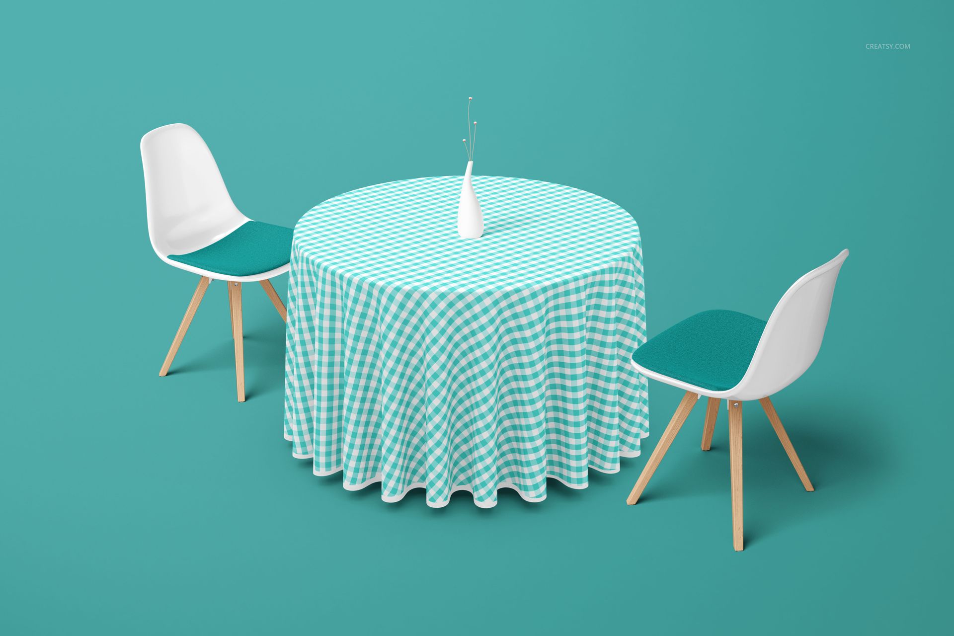 PSD mockup featuring a round tablecloth with a checkered turquoise design, set with two white chairs on a teal background.