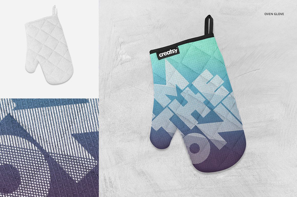 Oven glove mockup featuring a quilted textile with a bold geometric pattern in blue, teal, and purple tones, top view.