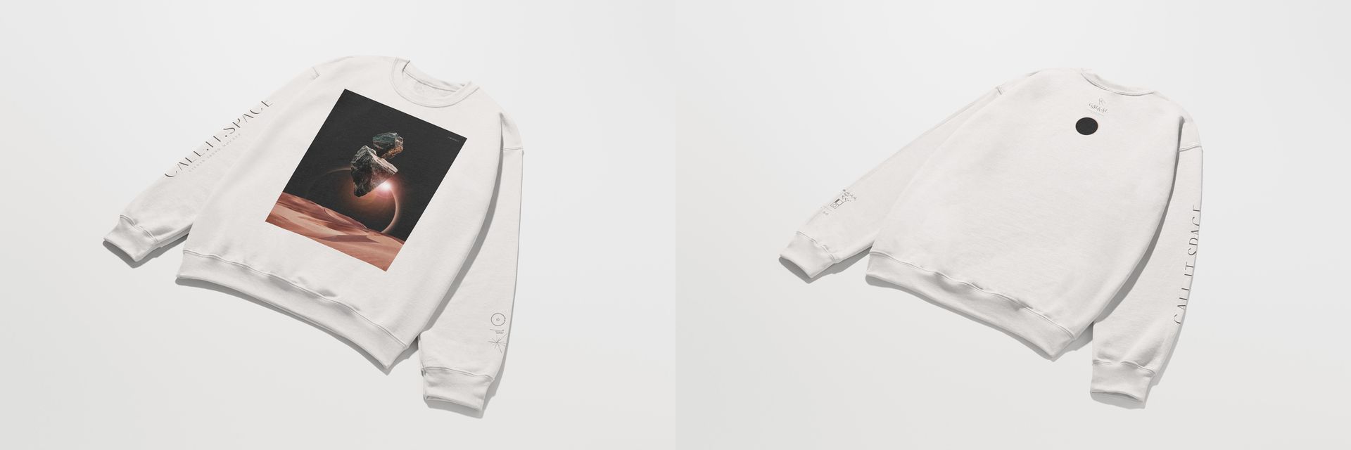 White adult sweatshirt mockup shown from front and back angles, featuring a space-themed graphic on the chest.