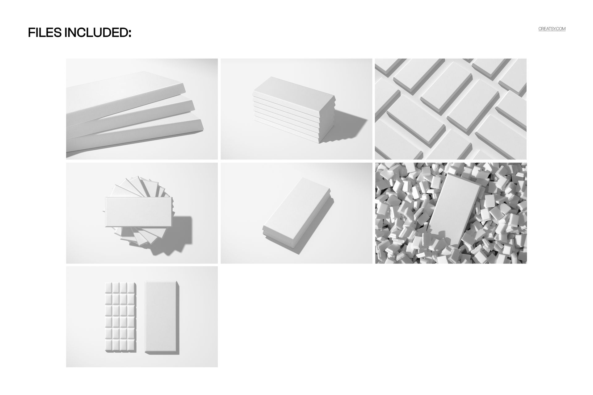 Trapezoidal chocolate bar folding box mockup set shown in various angles and arrangements on a white background.