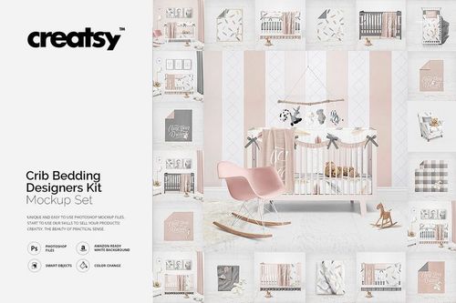 PSD mockup set showing various crib bedding designs, nursery furniture, and decorative frames in a neutral baby room.
