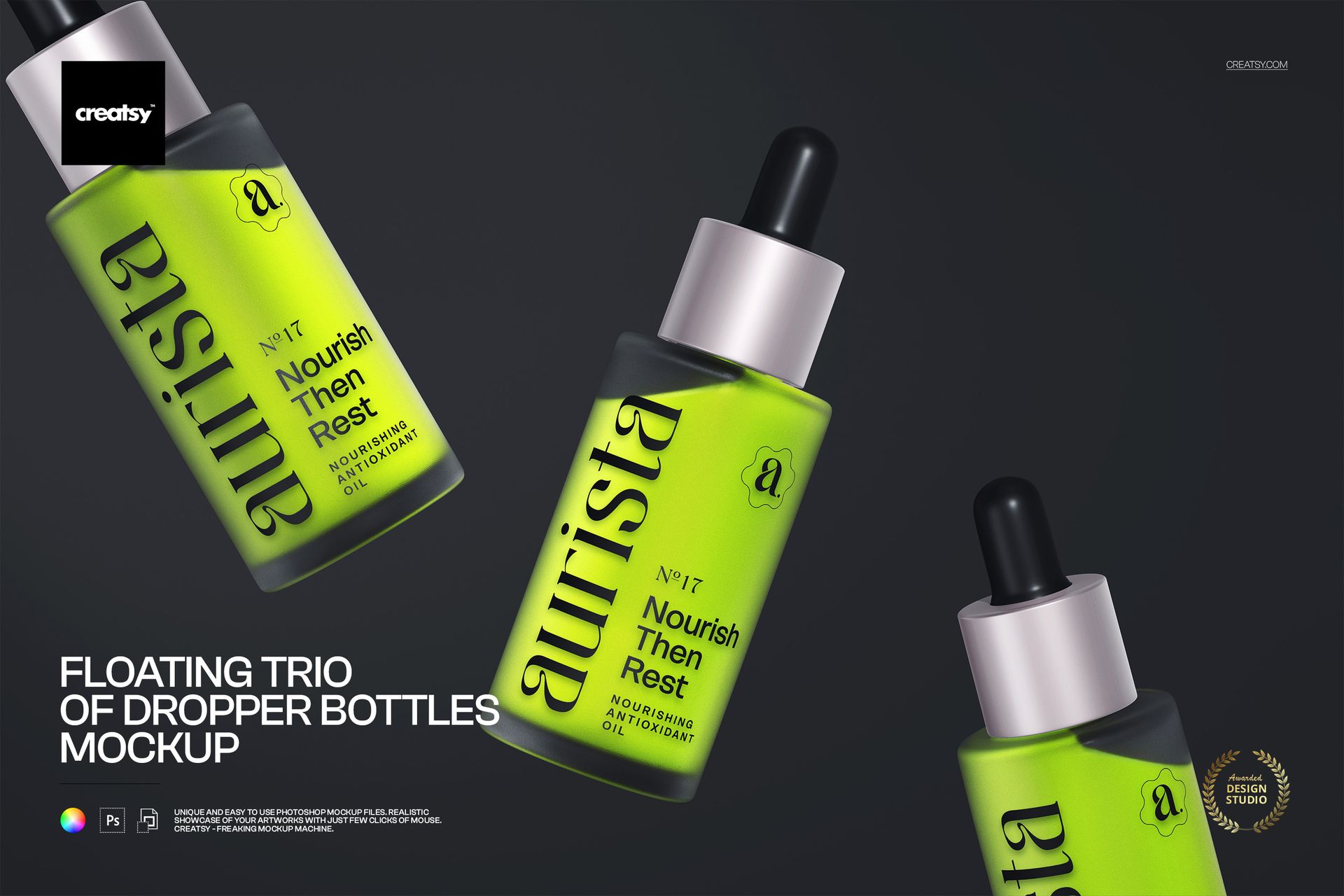 Cosmetic dropper bottles mockup featuring trio of green-labeled bottles with black droppers against a plain background.
