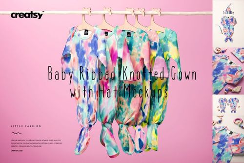 Colorful baby ribbed knotted gowns and hats hanging on a rack, shown in a PSD mockup scene with a pink backdrop.