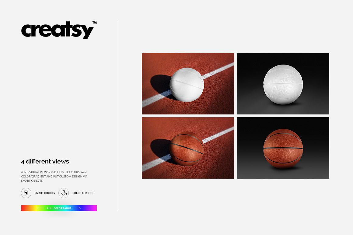 Basketball ball mockup set showing four different views, including close-ups on textured surfaces and plain backgrounds.