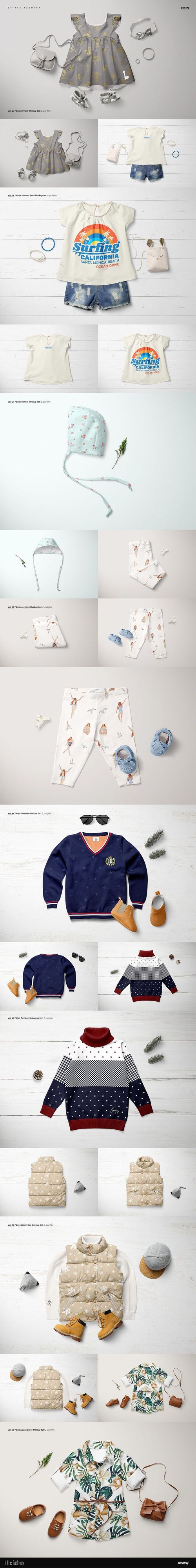 Flat lay of kids apparel mockup bundle featuring various clothing items in neutral and pastel colors on a light surface.