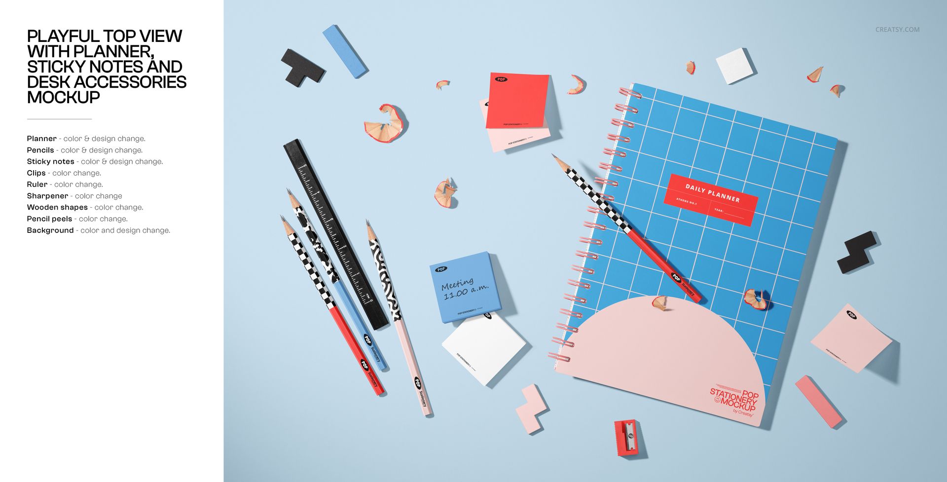 Stationery mockup bundle featuring a grid notebook, assorted pencils, sticky notes, and scattered desk accessories in vibrant colors.