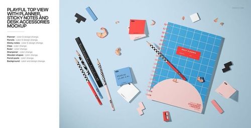 Stationery mockup bundle featuring a grid notebook, assorted pencils, sticky notes, and scattered desk accessories in vibrant colors.