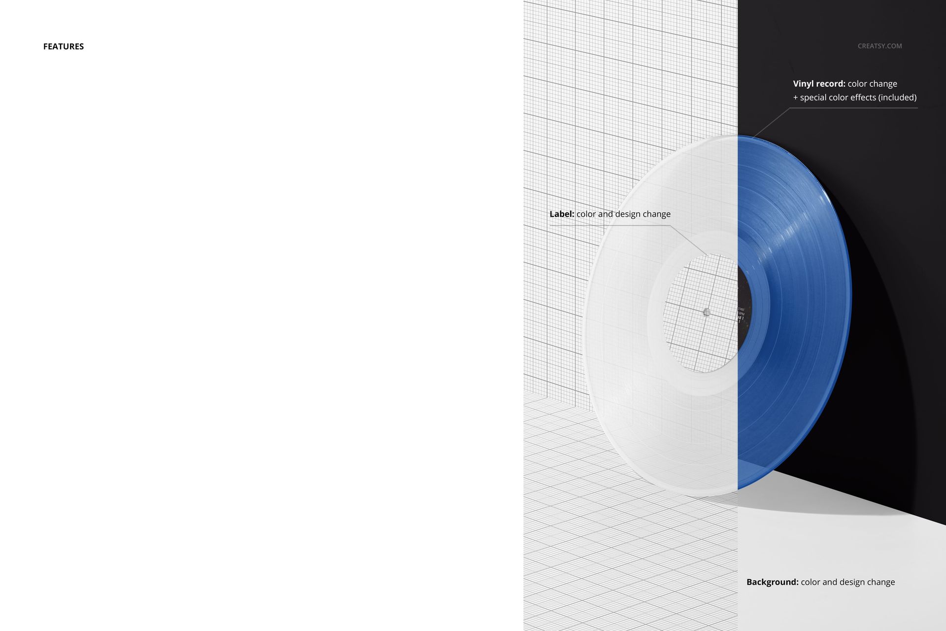 PSD mockup of a split blue and transparent vinyl record standing upright against a geometric grid wall and floor.