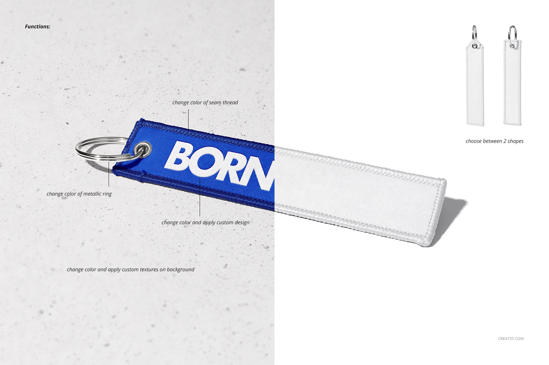 Rectangular remove before flight keychain mockup with metallic ring, blue and white fabric, shown on a light surface.