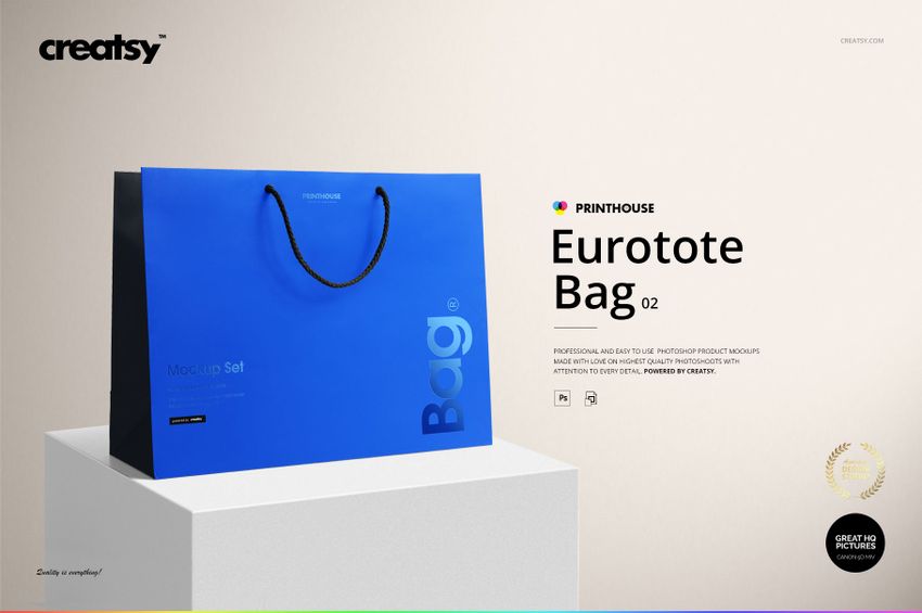 Eurotote bag mockup featuring a blue rectangular shopping bag with black rope handles, shown in front view on a light background.