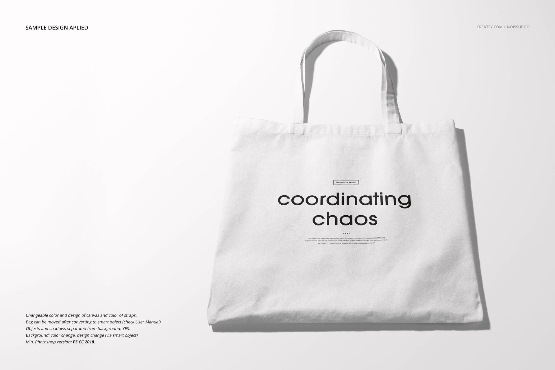 Front-facing white tote bag mockup featuring bold black lettering, set against a minimal light backdrop.