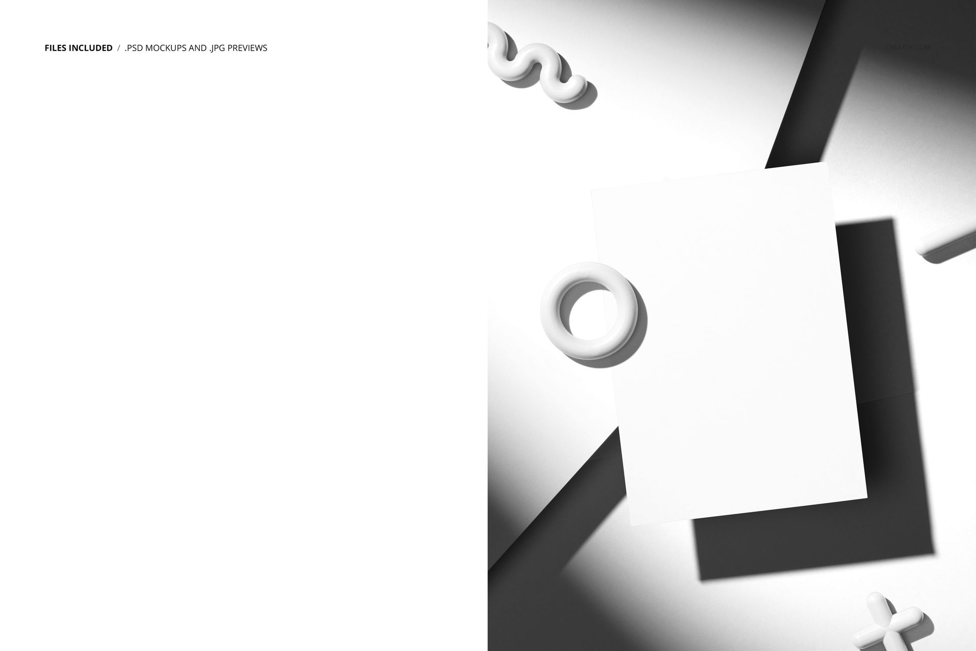 Abstract stationery poster card mockup with geometric shapes and shadows, top view on a white background.