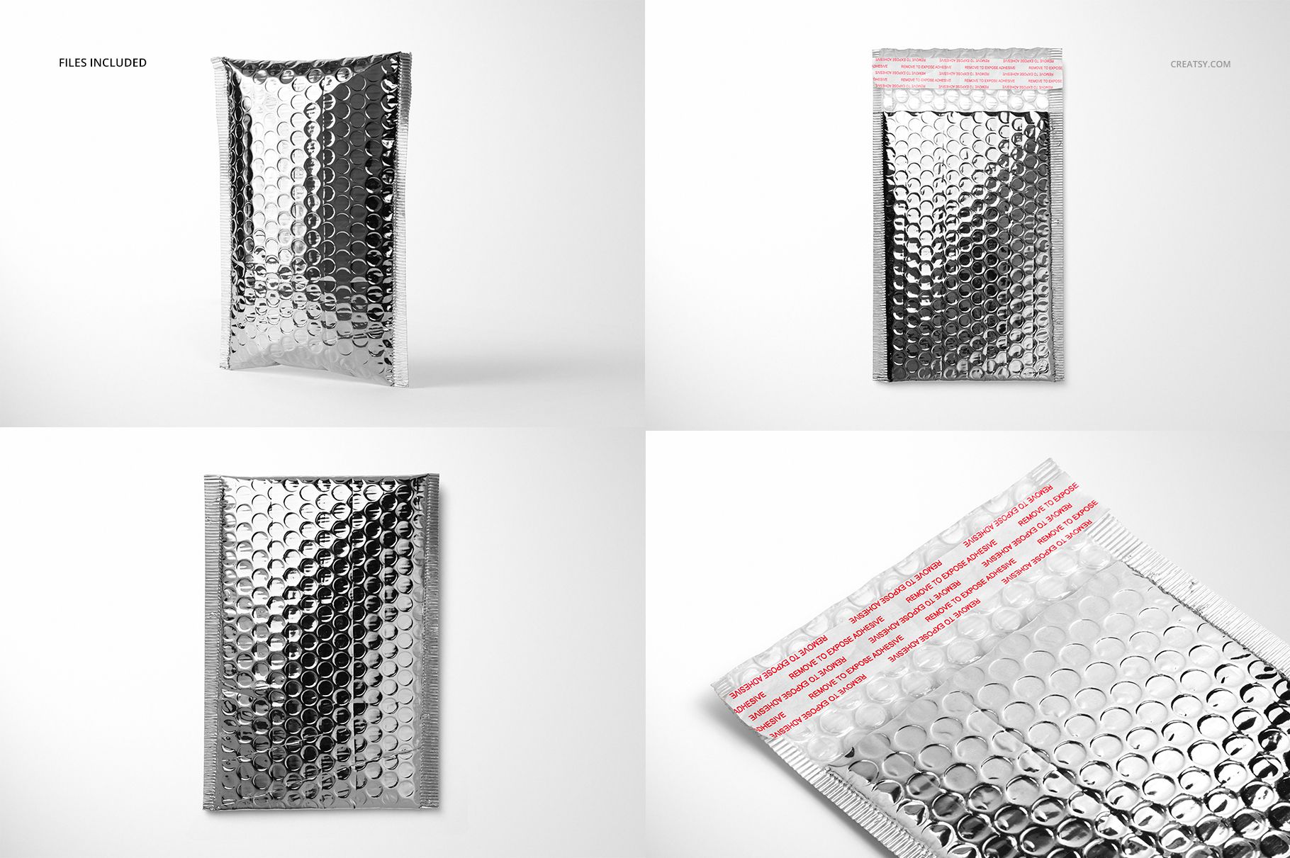 Metallic bubble mailer packaging mockup set with silver finish, shown from multiple angles on a white background.