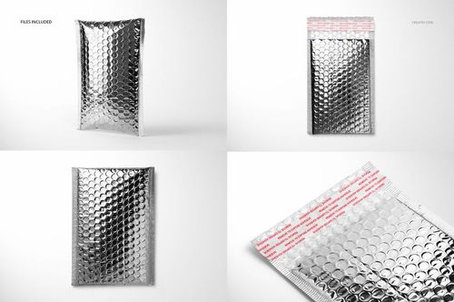 Metallic bubble mailer packaging mockup set with silver finish, shown from multiple angles on a white background.