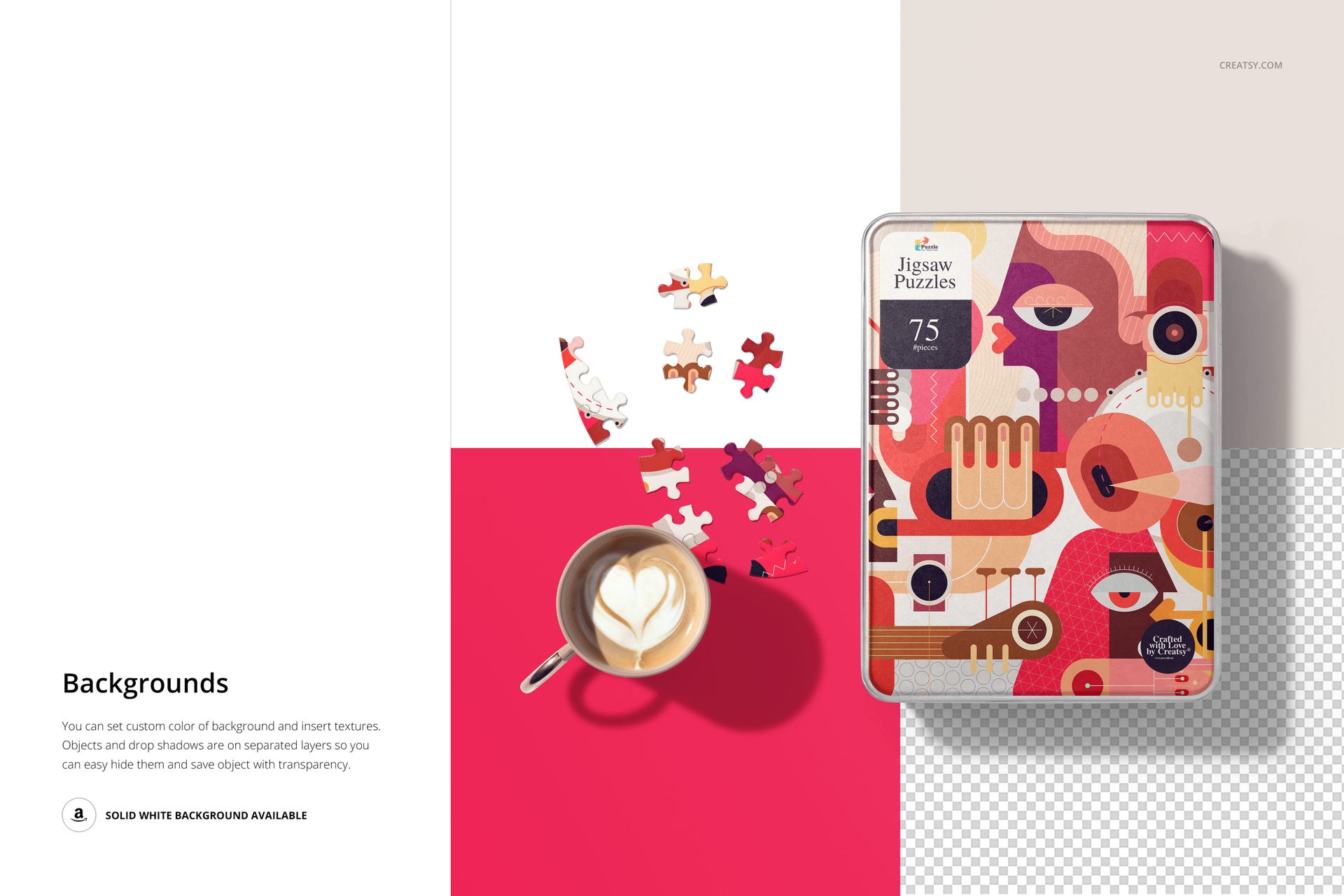 Top view of a heart jigsaw puzzle mockup showing vibrant puzzle box, loose pieces, and a latte with heart art.