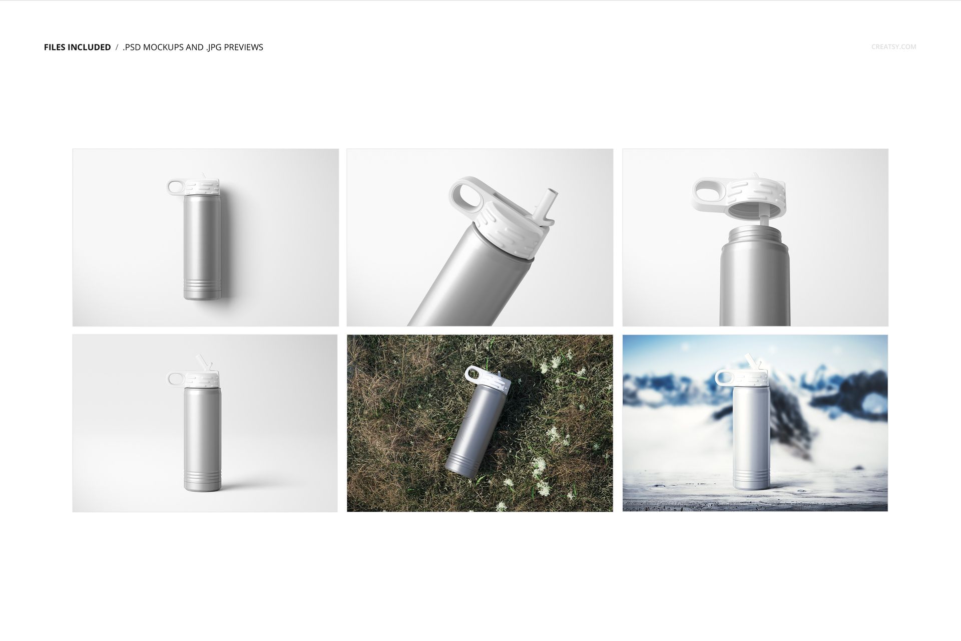 Stainless steel water bottle mockup set featuring a cylindrical bottle with white lid shown in various scenes and angles.