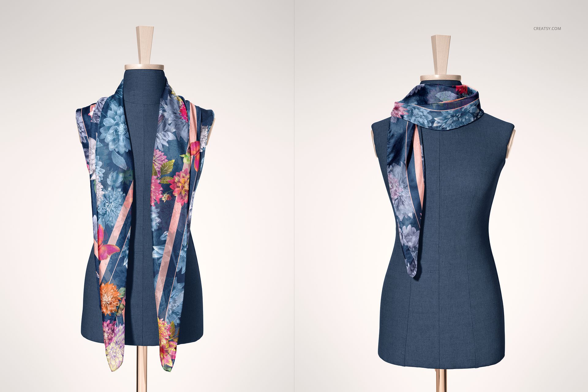 Mockup showing a blue mannequin with a colorful silk scarf featuring botanical designs from front and side angles.