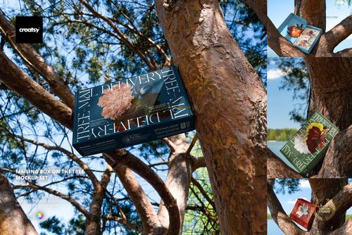 Mailing box mockup featuring botanical artwork and bold lettering, positioned among tree branches in a natural scene.