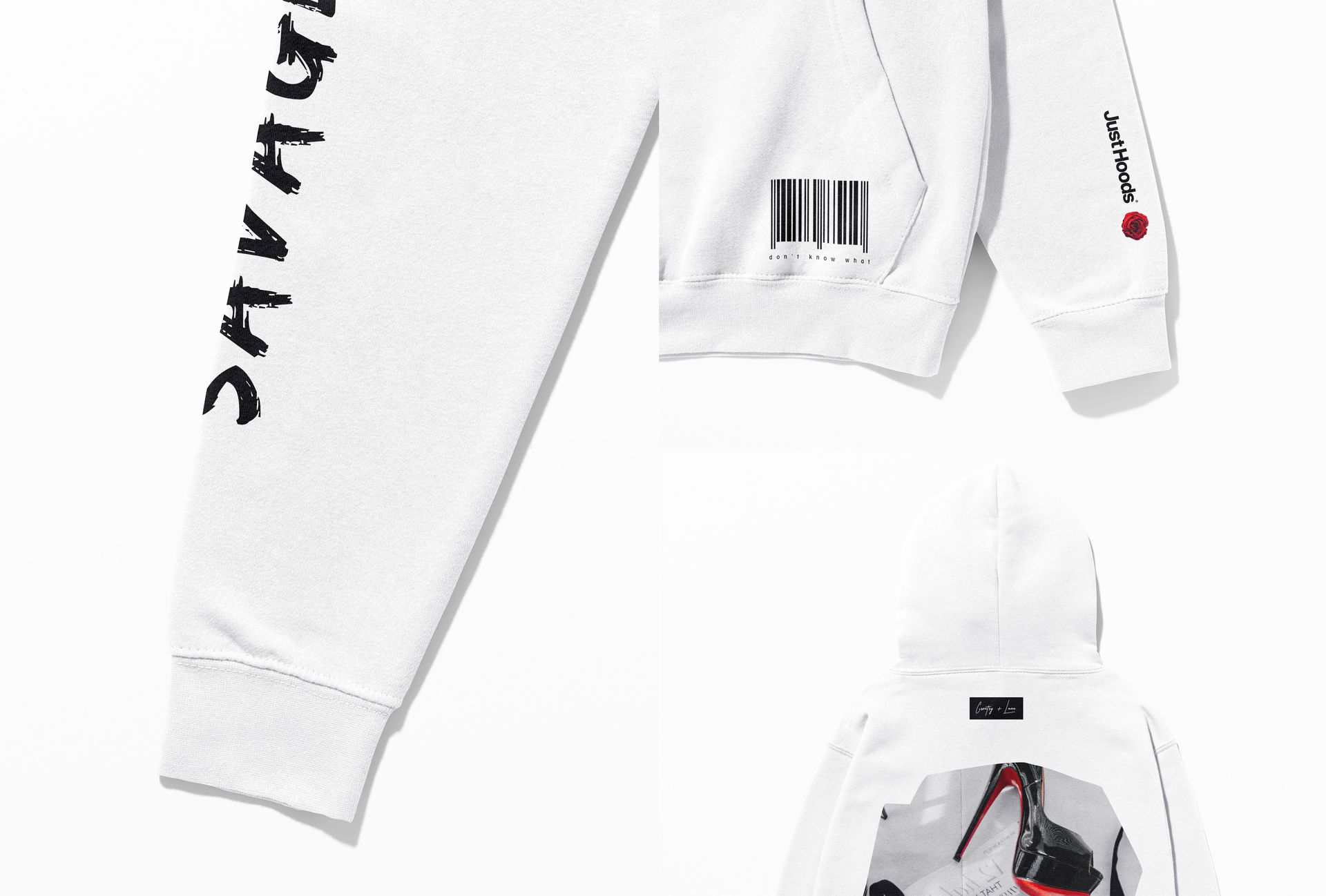 White adult hoodie mockup set featuring bold black text on the sleeve, barcode graphic on the hem, and photo print on the back.