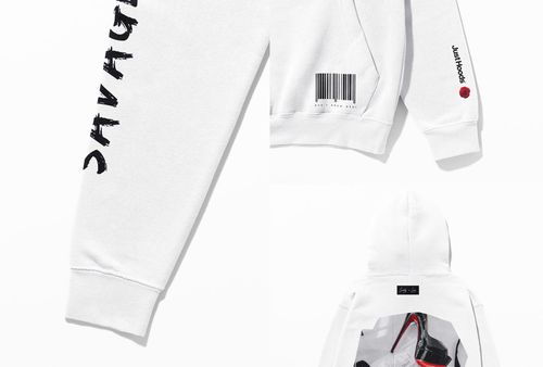 White adult hoodie mockup set featuring bold black text on the sleeve, barcode graphic on the hem, and photo print on the back.