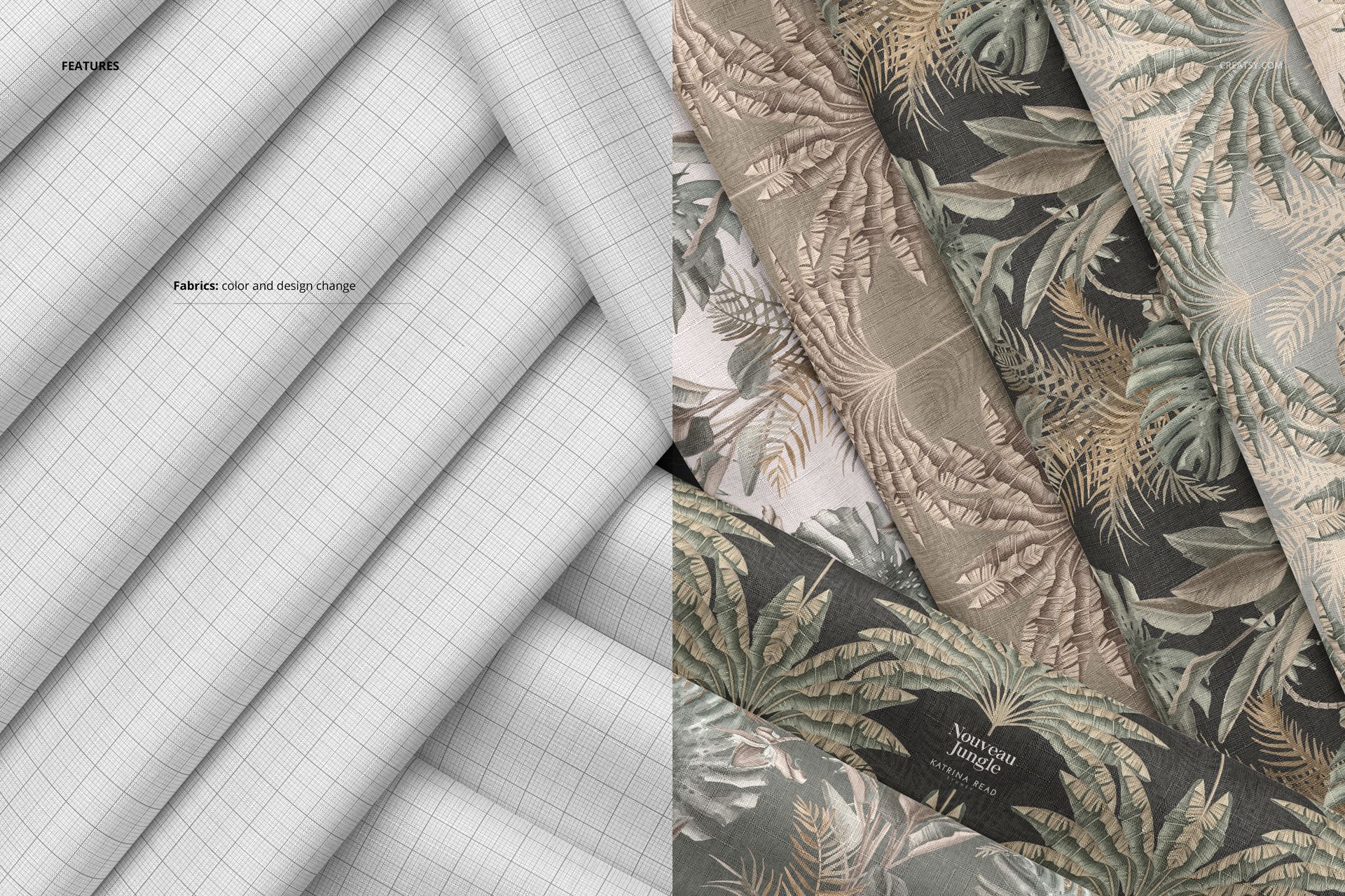 Folded fabrics mockup featuring a top view of layered textile pieces, with grid pattern on the left and botanical prints on the right.