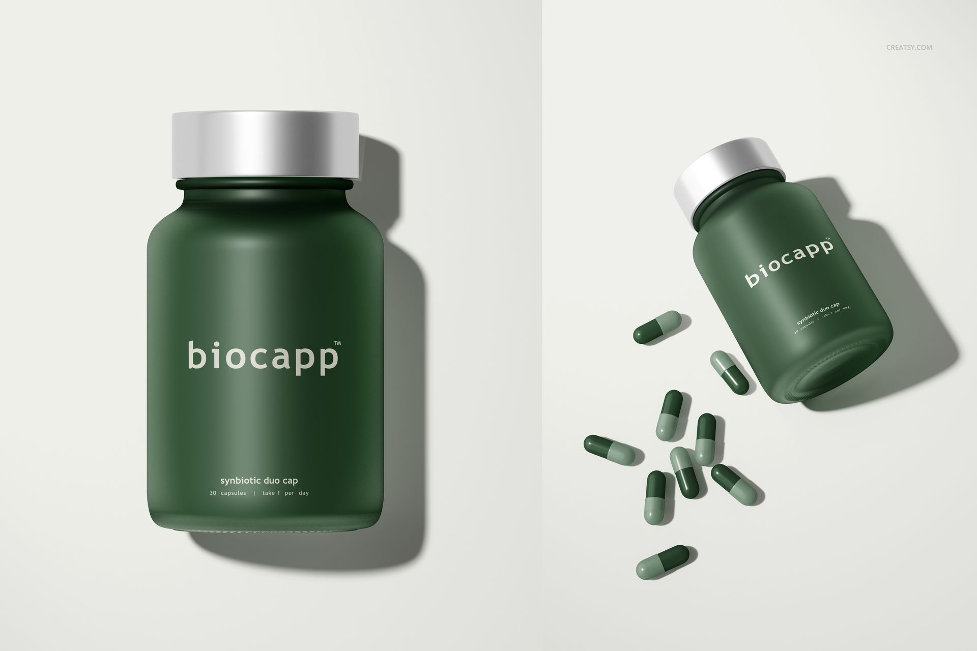 PSD mockup featuring a matte green capsule bottle and loose capsules arranged on a clean, neutral surface.