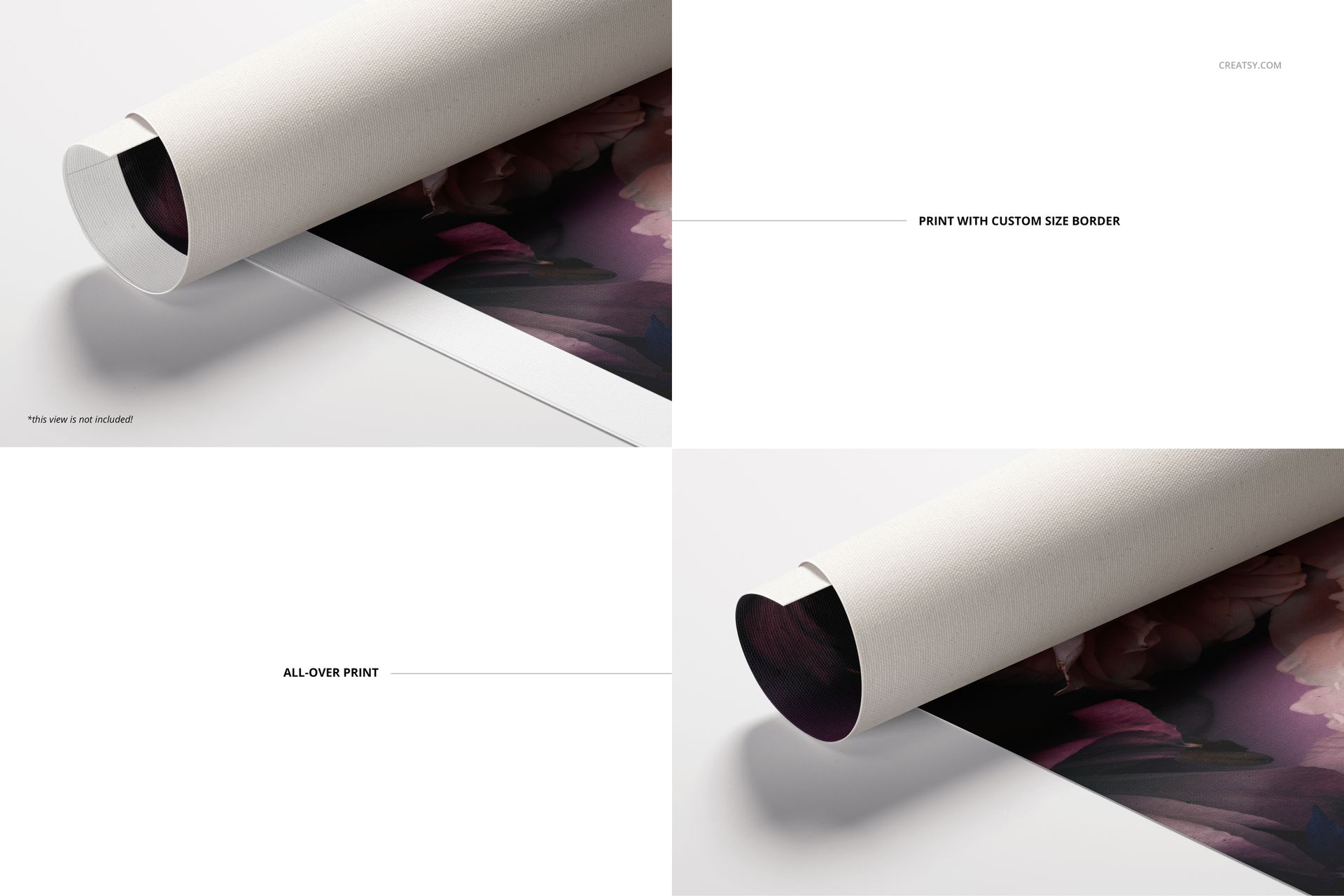 Square canvas print mockup showing a rolled section beside a tube, featuring a floral pattern and white border.