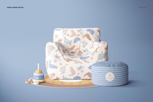 Front view of a kids' canvas bean bag mockup set featuring pastel animal prints, pouf, and baby accessories.