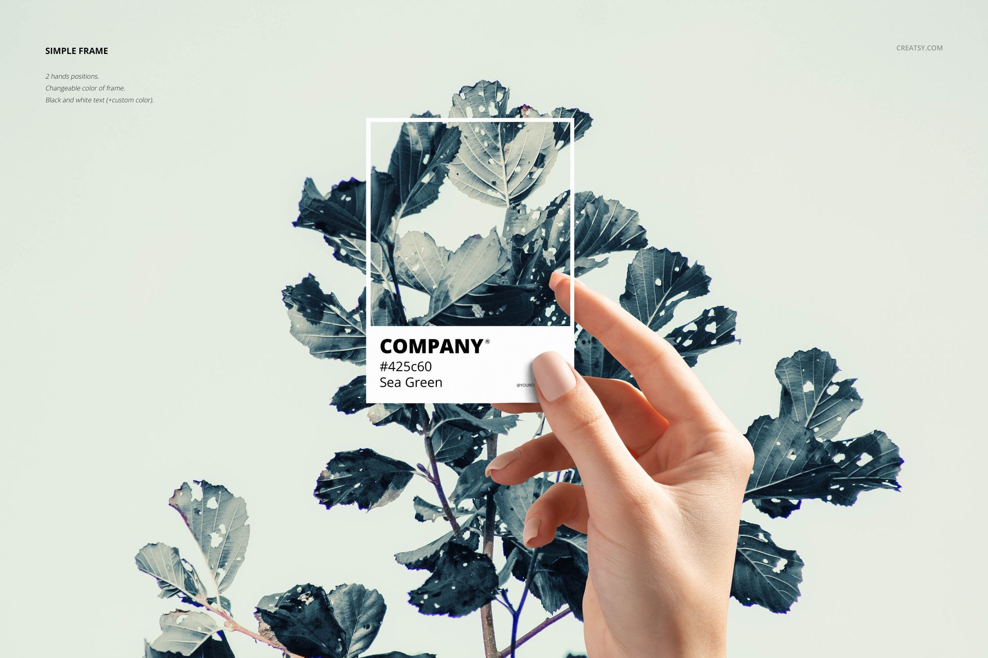 Close-up of a hand displaying a color swatch card with sea green text, leafy plant background, mockup scene.