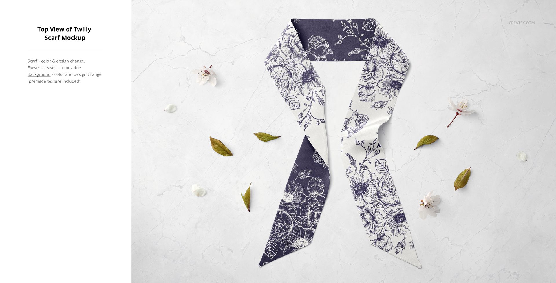 Top view of a silk twilly scarf mockup with floral patterns in dark blue and white on a light marble surface.