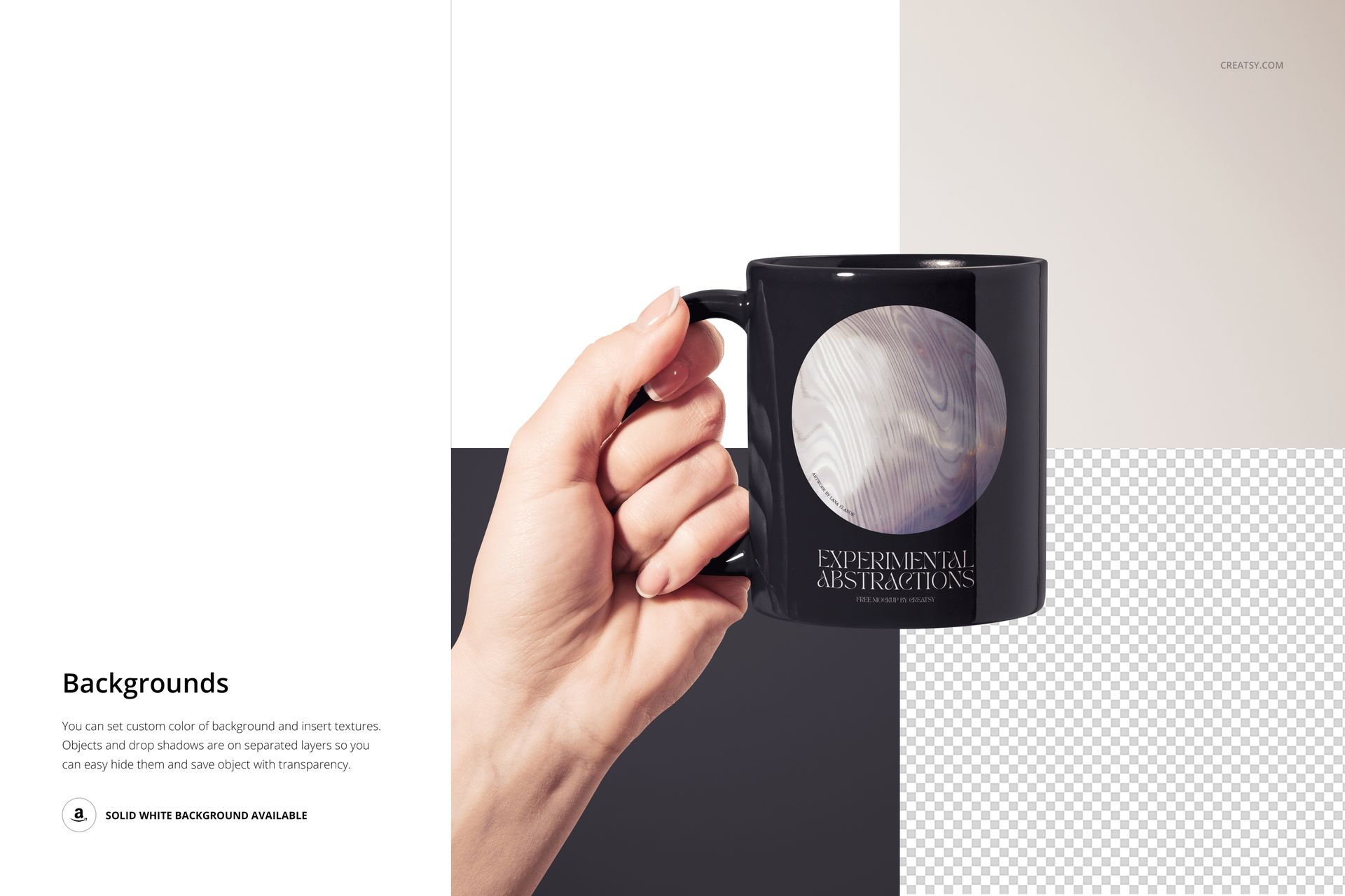 Black ceramic mug mockup held in a left hand, featuring abstract design, with customizable background elements.