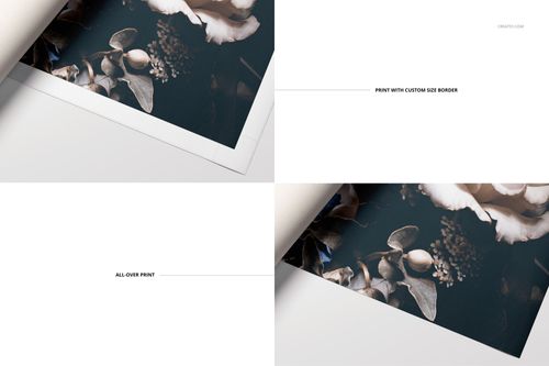 Rolled canvas print mockup showing two styles: one with a white border and one with edge-to-edge floral artwork.