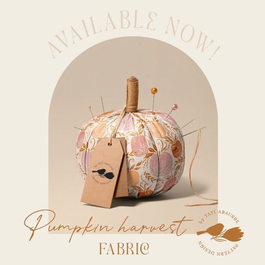 Fabric pumpkin mockup featuring a patterned textile pumpkin with pins and tags, set against a light beige background with text overlay.