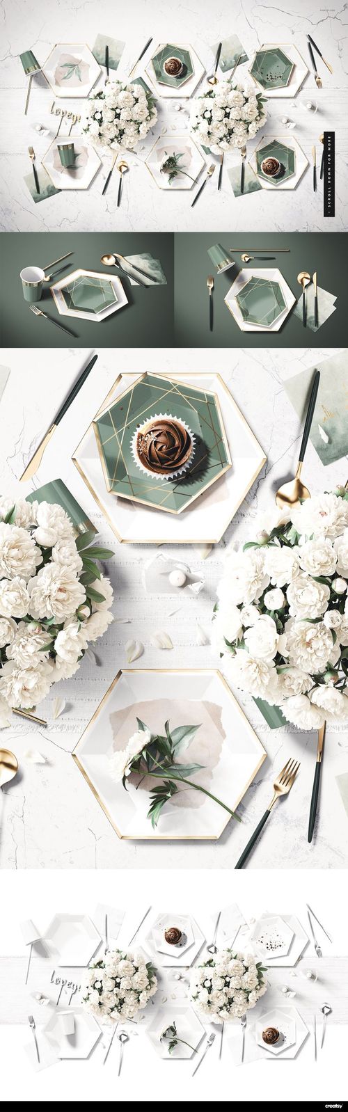 Party supplies mockup featuring geometric plates, gold cutlery, and white floral arrangements on a marble surface.